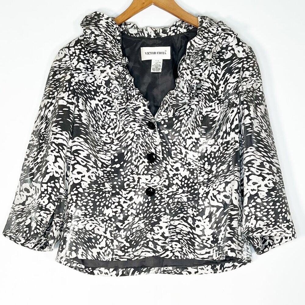 Victor Costa Silver Metallic Sheen Print Ruffled Suit Jacket Womens 14